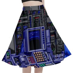 Blue Computer Monitor With Chair Game Digital Art A-line Full Circle Midi Skirt With Pocket by Bedest