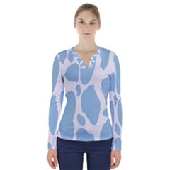 Cow Print, Aesthetic, Y, Blue, Baby Blue, Pattern, Simple V-neck Long Sleeve Top by nateshop