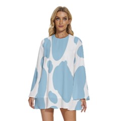 Cow Print, Aesthetic, Y, Blue, Baby Blue, Pattern, Simple Round Neck Long Sleeve Bohemian Style Chiffon Mini Dress by nateshop