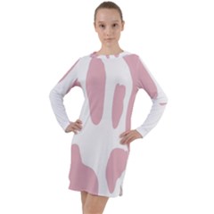 Cow Print, Pink, Design, Pattern, Animal, Baby Pink, Simple, Long Sleeve Hoodie Dress by nateshop