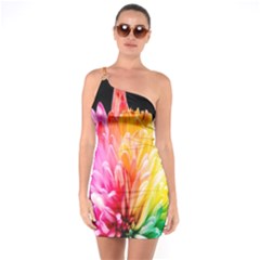 Abstract, Amoled, Back, Flower, Green Love, Orange, Pink, One Shoulder Ring Trim Bodycon Dress