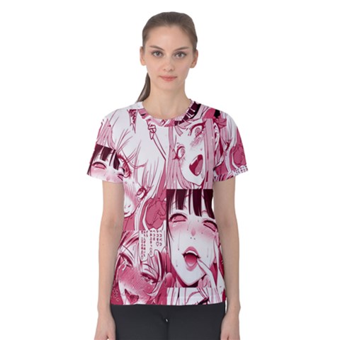 Ahegao Pink, Anime, Girl, Girlface, Girls, Pattern, White, Hd Women s Cotton T-shirt by nateshop