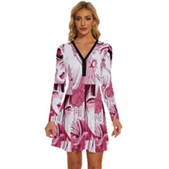 Ahegao Pink, Anime, Girl, Girlface, Girls, Pattern, White, Hd Long Sleeve Deep V Mini Dress 