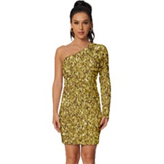 Gold Glittering Background Gold Glitter Texture, Close-up Long Sleeve One Shoulder Mini Dress by nateshop