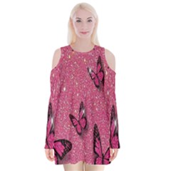 Butterfly, Girl, Pink, Wallpaper Velvet Long Sleeve Shoulder Cutout Dress by nateshop