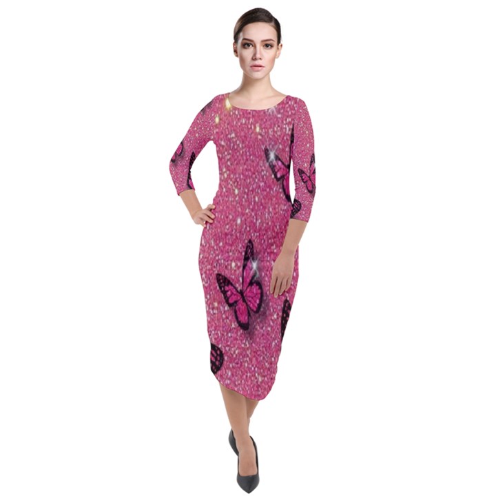 Butterfly, Girl, Pink, Wallpaper Quarter Sleeve Midi Velour Bodycon Dress