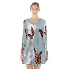 Aesthetic Butterfly , Butterflies, Nature, Long Sleeve Velvet V-neck Dress by nateshop