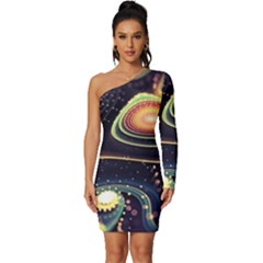 Psychedelic Trippy Abstract 3d Digital Art Long Sleeve One Shoulder Mini Dress by Bedest