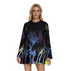 Art Design Graphic Neon Tree Artwork Round Neck Long Sleeve Bohemian Style Chiffon Mini Dress by Bedest