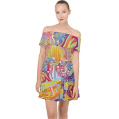 Multicolored Optical Illusion Painting Psychedelic Digital Art Off Shoulder Chiffon Dress by Bedest