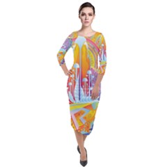 Multicolored Optical Illusion Painting Psychedelic Digital Art Quarter Sleeve Midi Velour Bodycon Dress