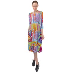 Multicolored Optical Illusion Painting Psychedelic Digital Art Ruffle End Midi Chiffon Dress by Bedest