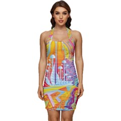 Multicolored Optical Illusion Painting Psychedelic Digital Art Sleeveless Wide Square Neckline Ruched Bodycon Dress