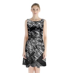 Black And Gray Circuit Board Computer Microchip Digital Art Sleeveless Waist Tie Chiffon Dress