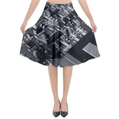 Black And Gray Circuit Board Computer Microchip Digital Art Flared Midi Skirt by Bedest