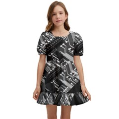 Black And Gray Circuit Board Computer Microchip Digital Art Kids  Short Sleeve Dolly Dress by Bedest