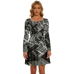 Black And Gray Circuit Board Computer Microchip Digital Art Long Sleeve Wide Neck Velvet Dress