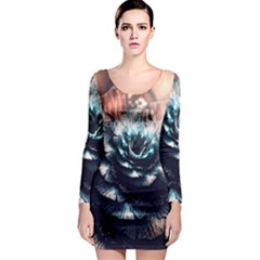 Blue And Brown Flower 3d Abstract Fractal Long Sleeve Bodycon Dress