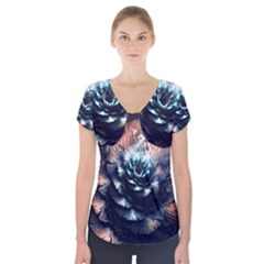Blue And Brown Flower 3d Abstract Fractal Short Sleeve Front Detail Top by Bedest
