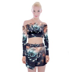 Blue And Brown Flower 3d Abstract Fractal Off Shoulder Top With Mini Skirt Set by Bedest