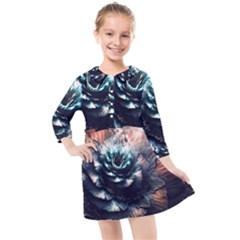 Blue And Brown Flower 3d Abstract Fractal Kids  Quarter Sleeve Shirt Dress by Bedest