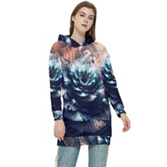 Blue And Brown Flower 3d Abstract Fractal Women s Long Oversized Pullover Hoodie by Bedest