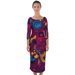 Psychedelic Digital Art Colorful Flower Abstract Multi Colored Quarter Sleeve Midi Bodycon Dress by Bedest