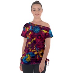 Psychedelic Digital Art Colorful Flower Abstract Multi Colored Off Shoulder Tie-up T-shirt