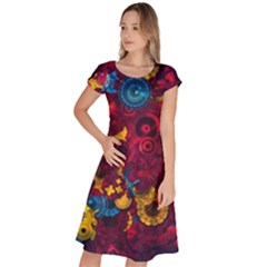 Psychedelic Digital Art Colorful Flower Abstract Multi Colored Classic Short Sleeve Dress