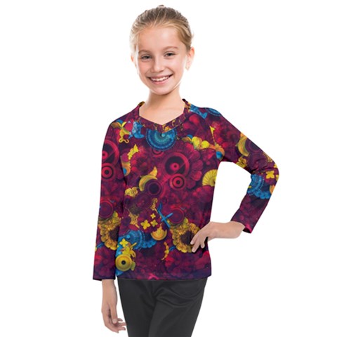 Psychedelic Digital Art Colorful Flower Abstract Multi Colored Kids  Long Mesh T-shirt by Bedest