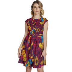 Psychedelic Digital Art Colorful Flower Abstract Multi Colored Cap Sleeve High Waist Dress by Bedest