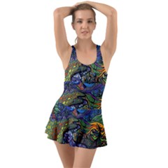 Multicolored Abstract Painting Artwork Psychedelic Colorful Ruffle Top Dress Swimsuit by Bedest