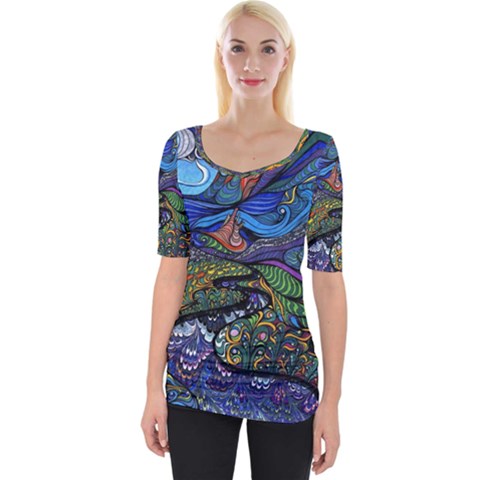 Multicolored Abstract Painting Artwork Psychedelic Colorful Wide Neckline T-shirt by Bedest