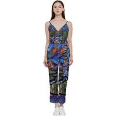 Multicolored Abstract Painting Artwork Psychedelic Colorful V-neck Camisole Jumpsuit by Bedest