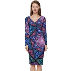 Purple Psychedelic Art Pattern Mosaic Design Fractal Art Long Sleeve V-neck Bodycon Dress  by Bedest