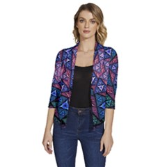 Purple Psychedelic Art Pattern Mosaic Design Fractal Art Women s Draped Front 3/4 Sleeve Shawl Collar Jacket by Bedest