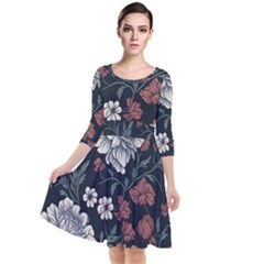 Flower Pattern Quarter Sleeve Waist Band Dress