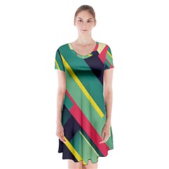 Abstract Geometric Design Pattern Short Sleeve V-neck Flare Dress by Bedest