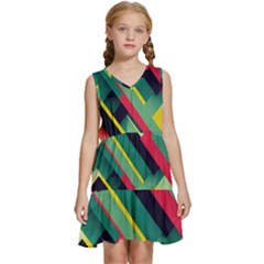Abstract Geometric Design Pattern Kids  Sleeveless Tiered Mini Dress by Bedest