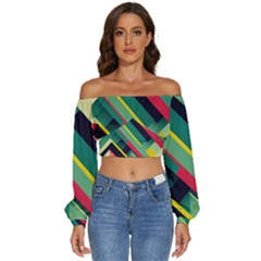 Abstract Geometric Design Pattern Long Sleeve Crinkled Weave Crop Top by Bedest