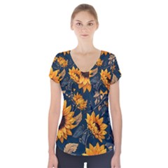 Flower Pattern Spring Short Sleeve Front Detail Top