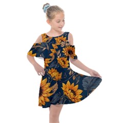 Flower Pattern Spring Kids  Shoulder Cutout Chiffon Dress