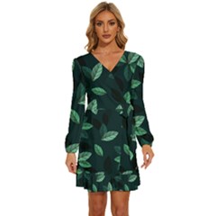 Foliage Long Sleeve Waist Tie Ruffle Velvet Dress