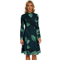 Foliage Long Sleeve Shirt Collar A-Line Dress