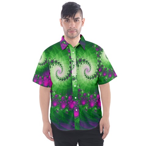 Fractal Spiral Purple Art Green Art Men s Short Sleeve Shirt by Proyonanggan