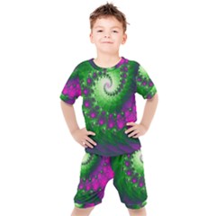 Fractal Spiral Purple Art Green Art Kids  T-shirt And Shorts Set by Proyonanggan