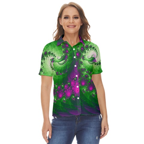 Fractal Spiral Purple Art Green Art Women s Short Sleeve Double Pocket Shirt by Proyonanggan