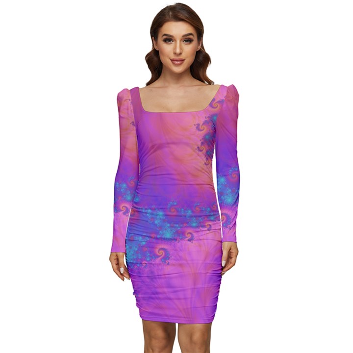 Fractal Art Artwork Magical Purple Women Long Sleeve Ruched Stretch Jersey Dress