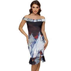 Abstract Painting Cold Temperature Snow Nature Off Shoulder Ruffle Split Hem Bodycon Dress by Grandong