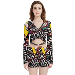 Multicolored Abstract Painting Colorful Velvet Wrap Crop Top And Shorts Set by Grandong